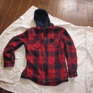 Ladies Brooklyn Cloth zip front fleece jacket Navy red buffalo plaid hooded MEd